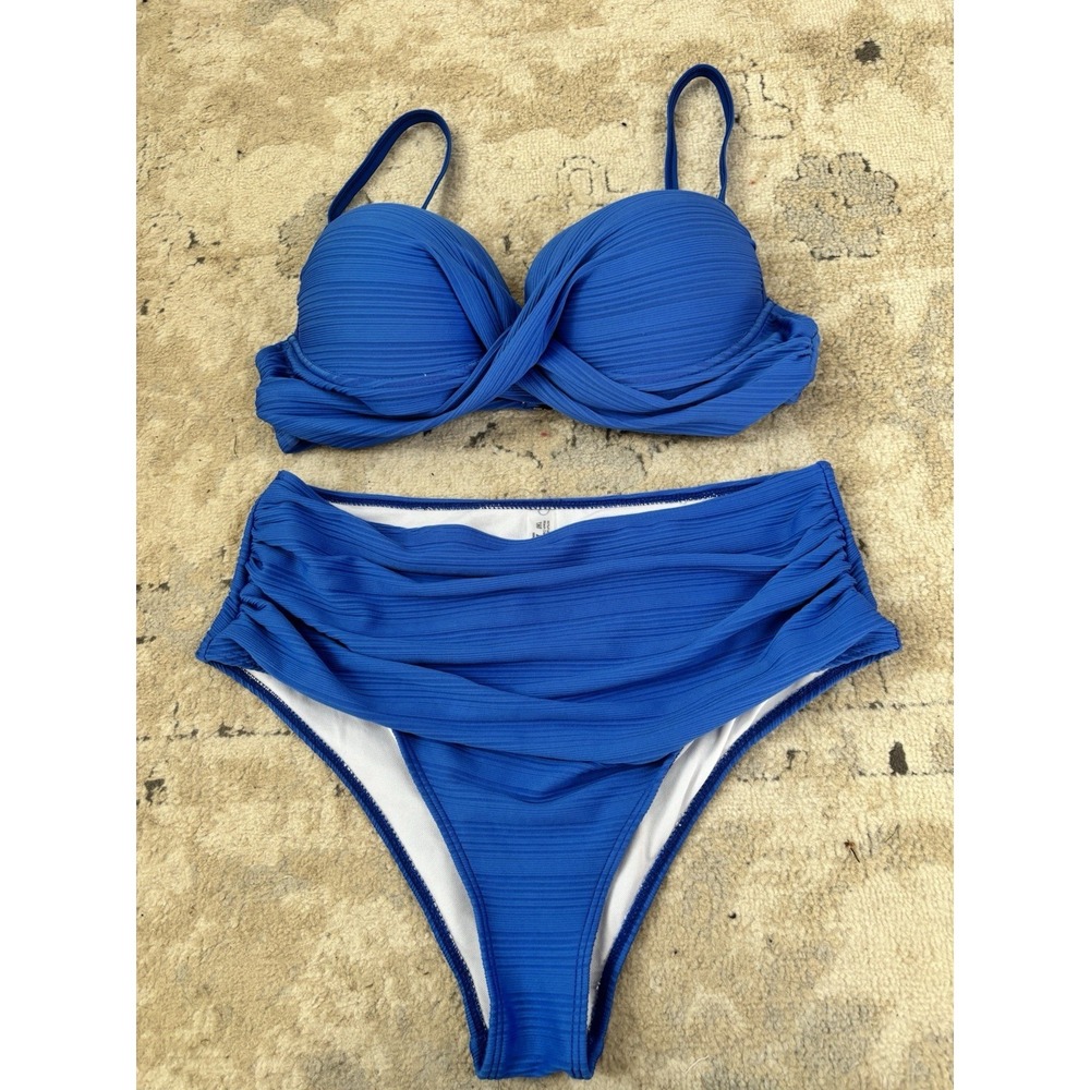 Women's 1X Royal Blue Front-Twist Bikini Top & Draped Bottom 2Pc Swimsuit Padded